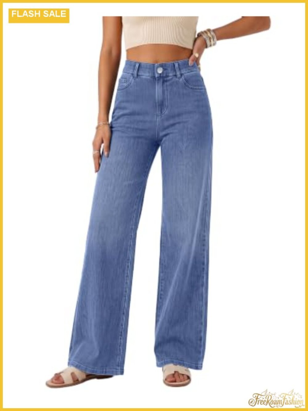 Womens Wide Leg Sweatpant Jeans High Rise Pull On Elastic Waist Denim Pants